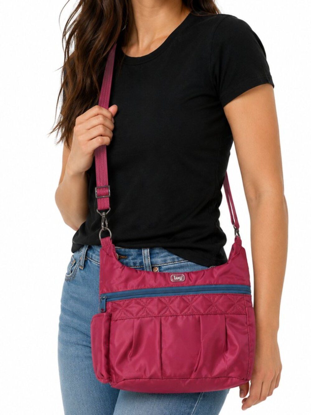 LUG Swing Crossbody Hobo Bag Purse Hip Sack RFID Everyday Travel Maroon Pink